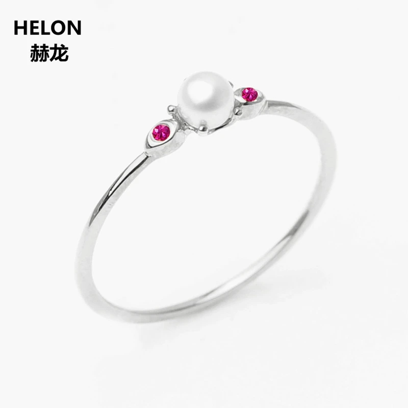 

Solid 14k White Gold 3.5MM Round Natural Freshwater Pearl Ring Natural Ruby Engagement Wedding Ring for Women Fine Party Jewelry