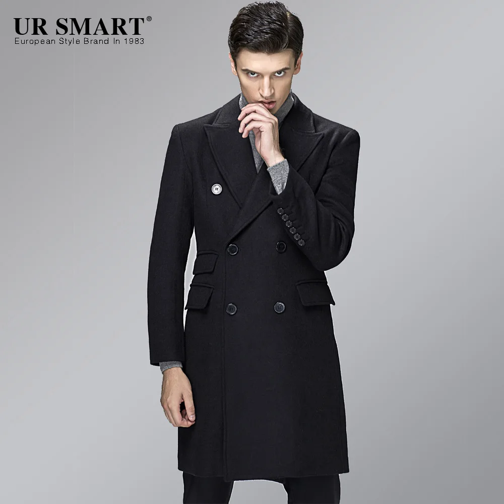 Военный стиль URSMART новое шерстяное пальто темно-синего цвета двубортное Мужское пальто - Цвет: black