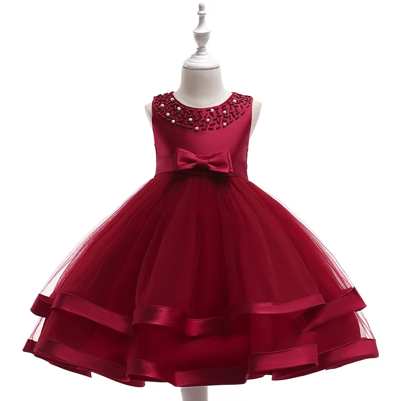 Flower Fashion Pearls Cake Tutu Kids Clothing Elegent Girls Dresses for Children Princess