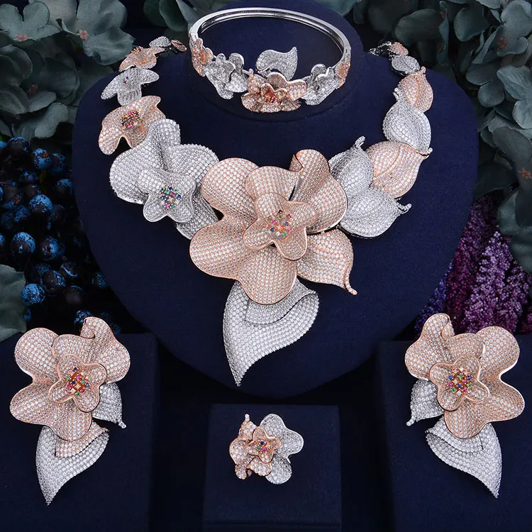 GODKI 103 мм супер роскошный цветок Бегонии для женщин Свадебные Naija невесты кубический цирконий ожерелье Дубай 4 шт ювелирный набор высокое ювелирное изделие - Окраска металла: Bicolor Rose Gold