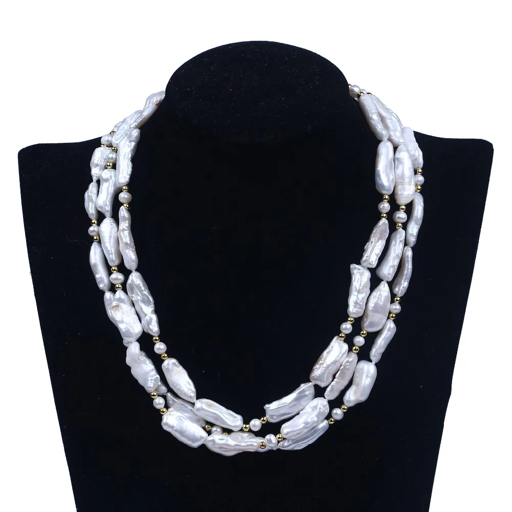 

2017 White Biwa Irregular Flat Baroque Freshwater Pearl 3 Layers Choker Necklace