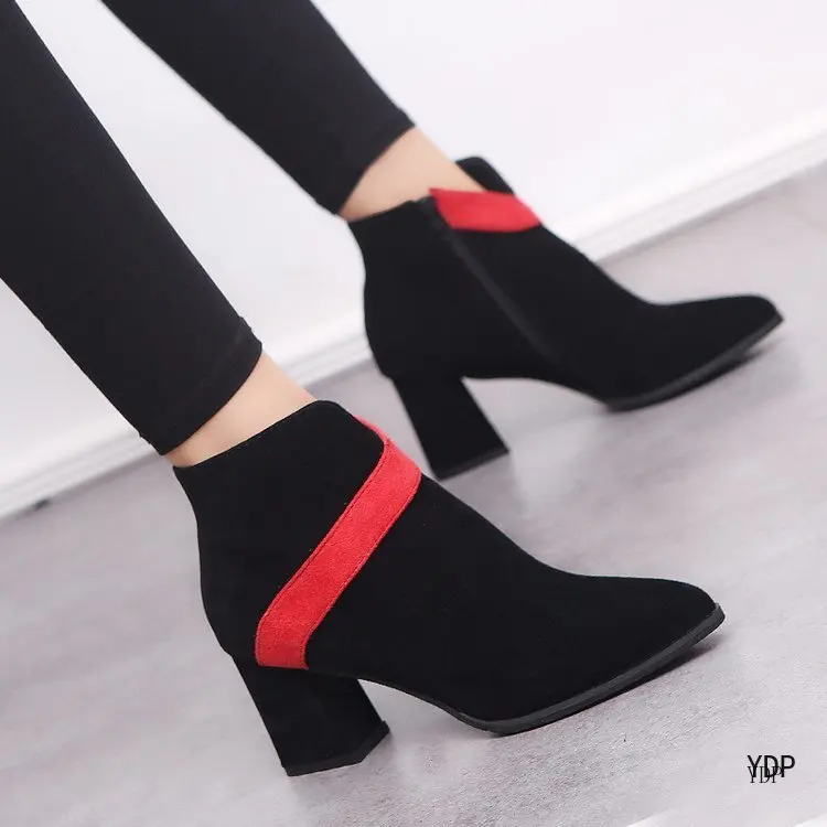 

YDP Women's Pumps 2018 Autumn/winter New Pointed Frosted Women's Single Boots Red Color Matching Short Tube Women's Martin Boots