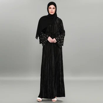 

Autumn Winter Women Muslim Dress O Neck Plus Size 3XL Pleated Beading Stretchable Abaya for Women Islamic Hijab Dress