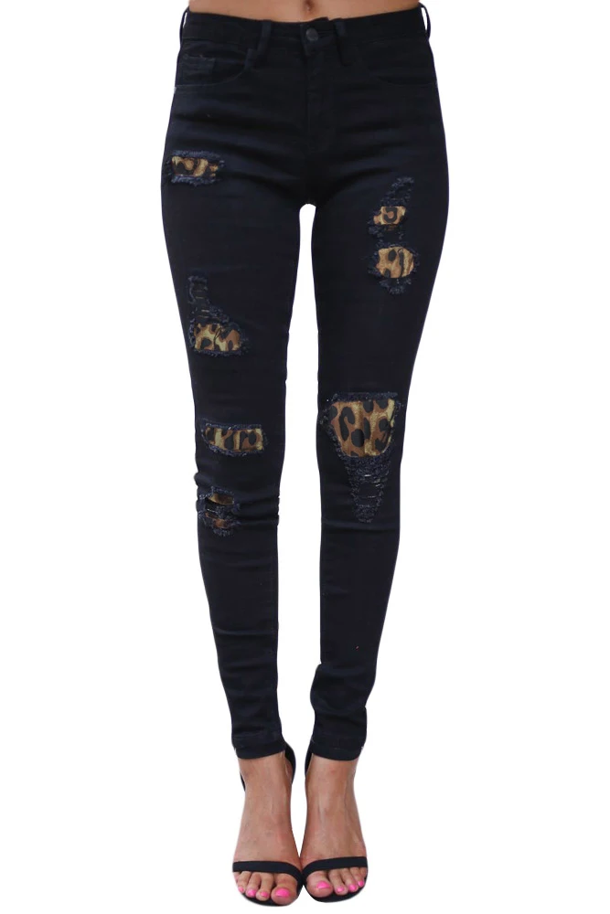 leopard patch distressed jeans