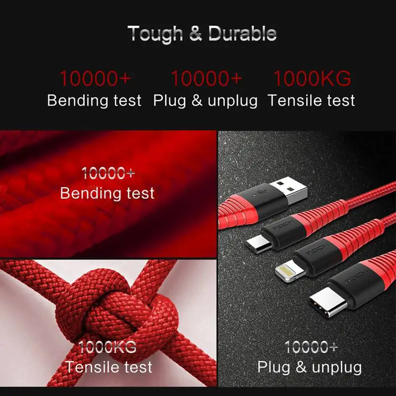 ROCK 3 в 1 высокопрочный USB Type C Micro и зарядный кабель для iPhone телефонный зарядное