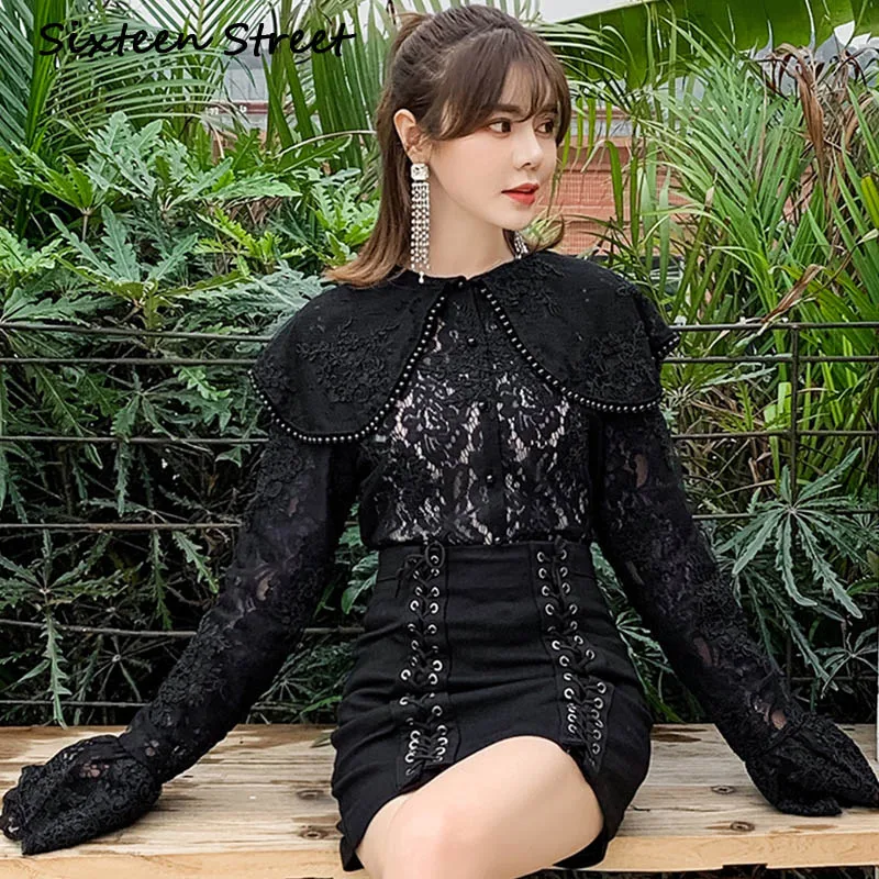 

New autumn spring blouses shirts Woman flare sleeve black white lace beading elegant blouse female blusas mujer de moda 2019