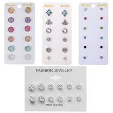 Fashion 6 pair/set Women Round Crystal Stud Earrings for Women Cubic Zircon Piercing Earrings for Girls Jewelry Gift jn0462