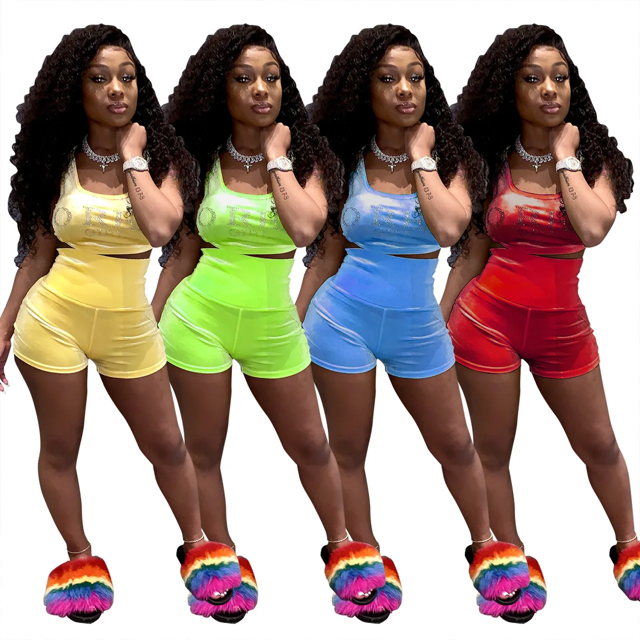 

new hot sale high waist 2 piece women set casual sport tank top bra with shorts summer letter print trackusit outfits for female