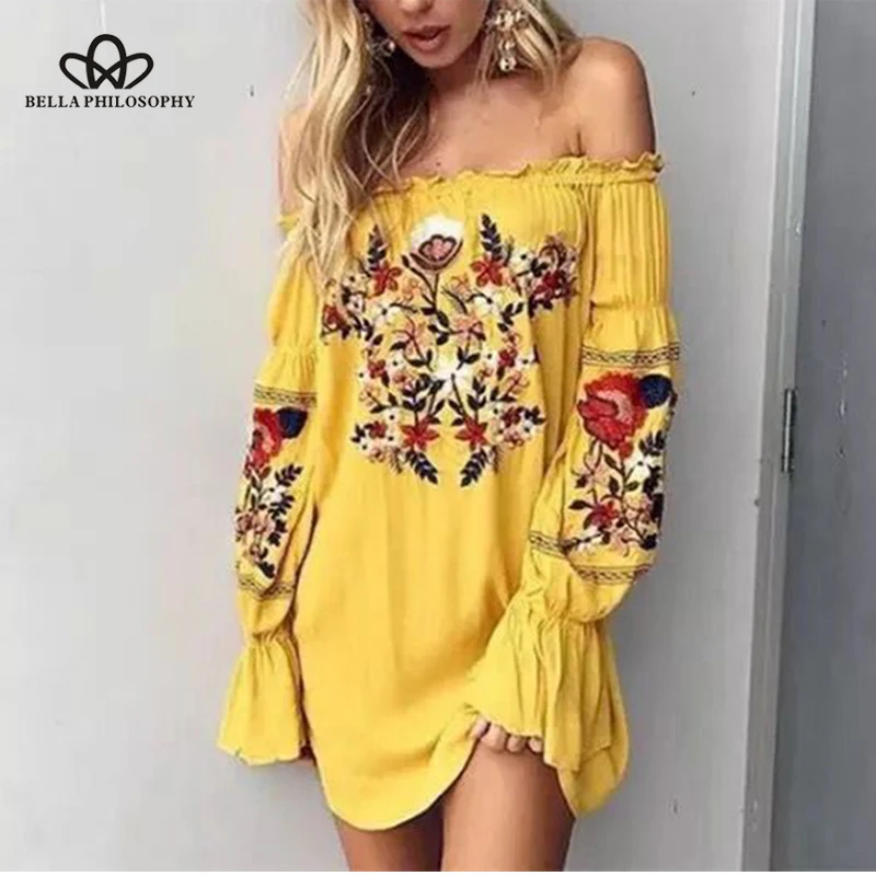 2019 summer Sexy Slash Neck Dress Women Pleated Embroidery Ruffle Mini Dress Female Puff Sleeve Vestidos Wonde Store