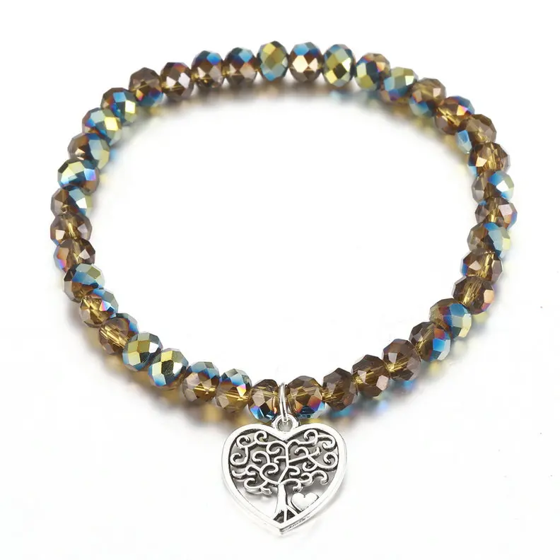Lovbeafas модные браслеты с кристаллами и бусинами для женщин с сердцем подвеска "Древо жизни" DIY эластичные браслеты ювелирные изделия подарок - Metal Color: Color 7
