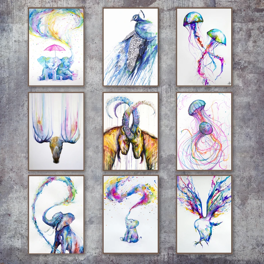 

Watercolor Eagle Elephant jellyfish Antelope Deer Whale Bear Wall Art Canvas Painting Nordic Posters And Print Animal Wall Decor