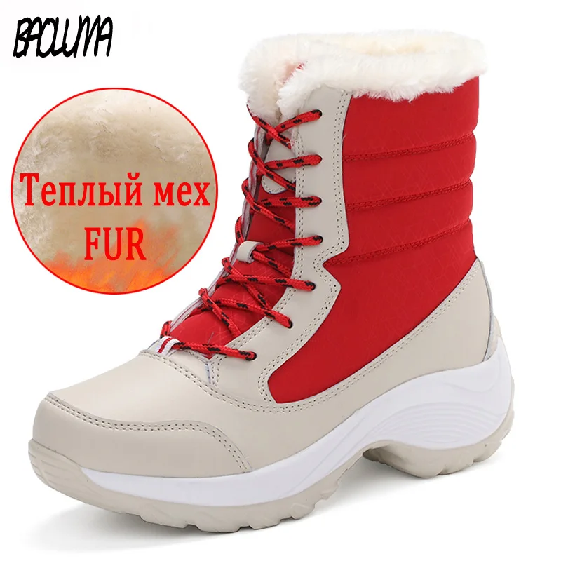

Classic Women Winter Snow Boots Waterproof Fur Women Ankle Boots Slip on Warm Plush Boots Wedges Lace-Up Mid-Calf Boot 35-42
