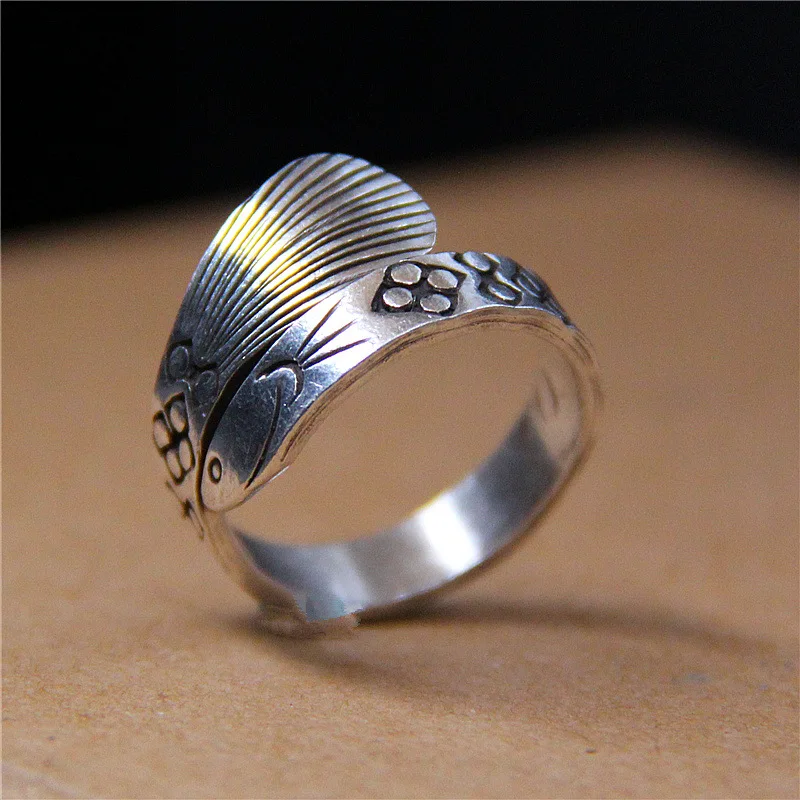 Buy S925 pure silver gold arowana ring by hand The flower ring restoring