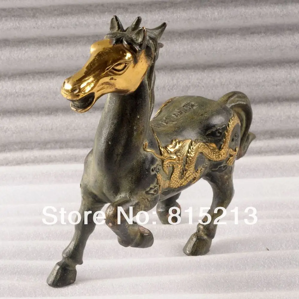 Ван 0009 Позолота бронза лошадь с dragon phenix статуя скульптура посылок свинка 7.5"