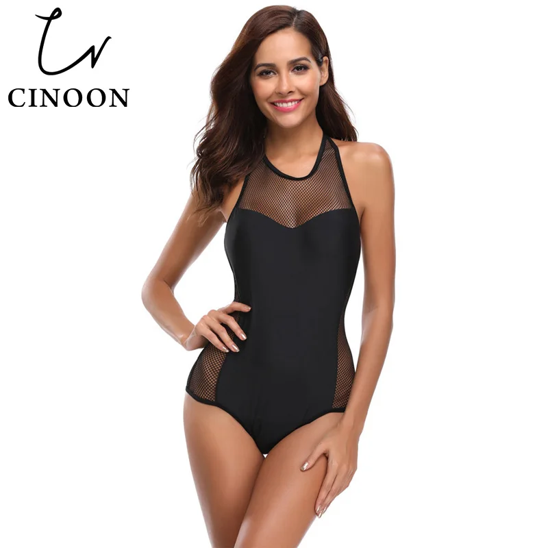2018 New Halter One Piece Swimsuit Women Plus Size Swimwear Retro Big Cup Bathing Suit Mesh Beachwear Black Push Up Monokini