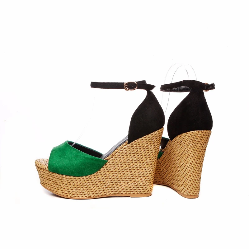 Fashion Women High Heels Summer Sandals New Arrival Open Toe Straw Wedges Platform Buckle Strap Casual Shoes Woman Green Black (17)