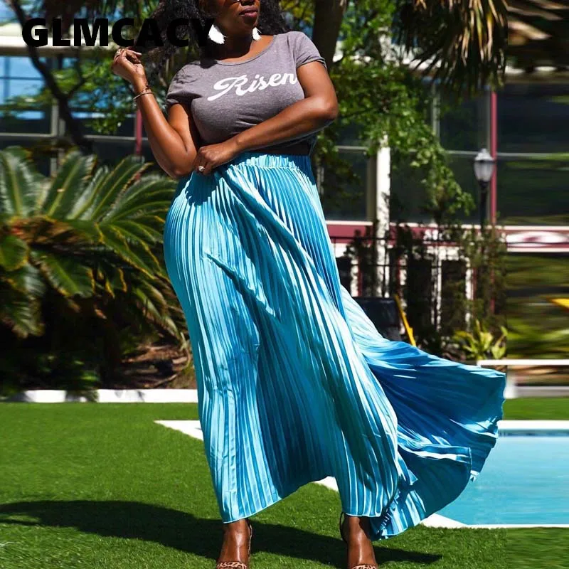 

Women Casual Summer Solid Maxi Skirt High Waist Pleated Skirts Ankle Length Bottoms Elegant Chic Streetwear