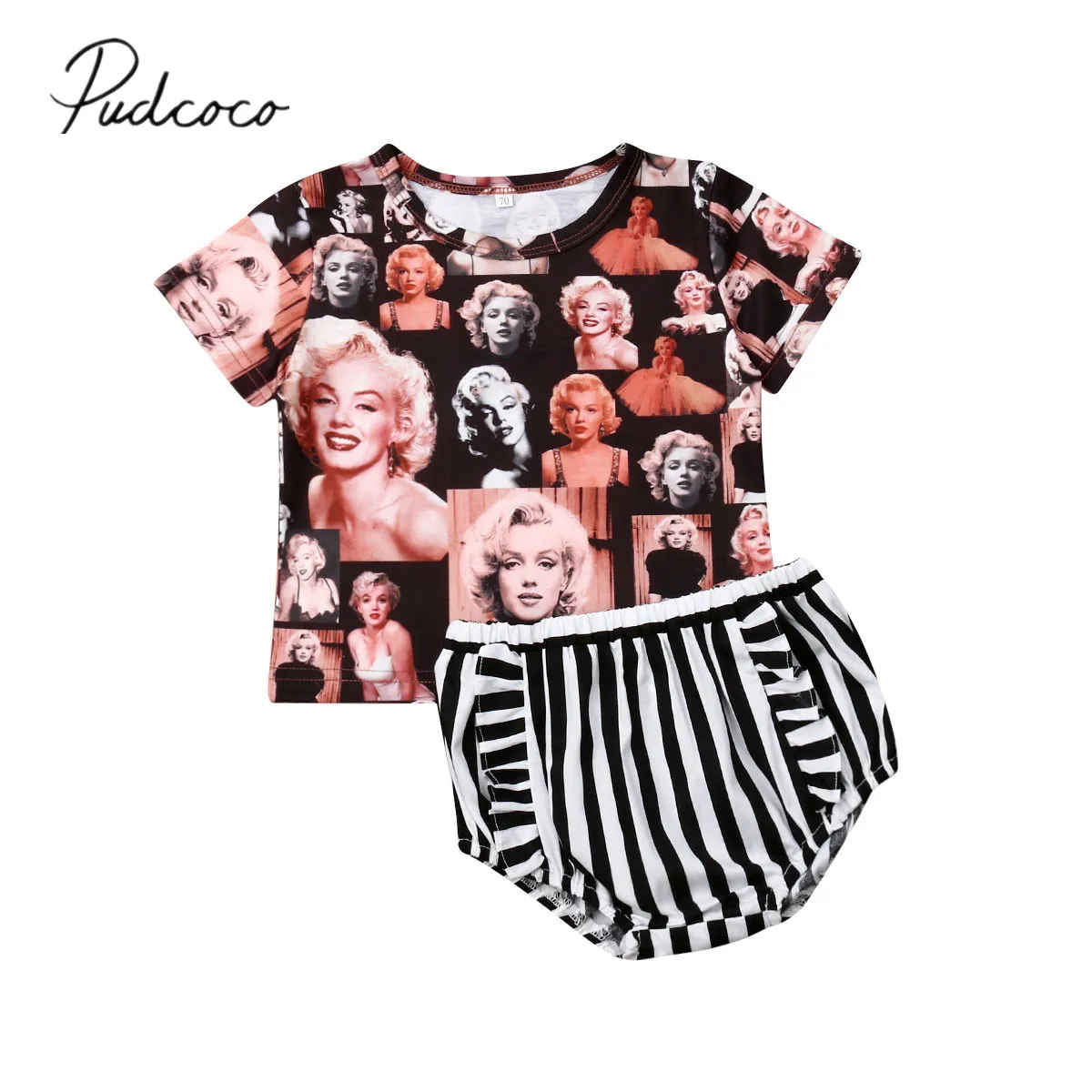 

2019 Baby Summer Clothing Fashion Infant Baby Girl Clothes Sets Cartoon Print Short Sleeve Tops T-Shirt+Striped Shorts Outfit