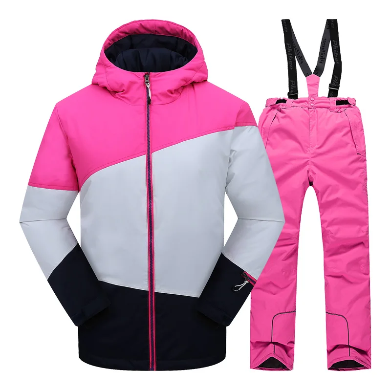Зимние лыжные костюмы для девочек, куртка, комбинезоны, спортивные детские зимние костюмы, ветрозащитные комплекты одежды для детей, подростковые сноубординга - Цвет: Розовый