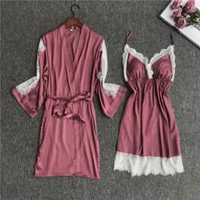 Для женщин для свадьбы, невесты, подружки невесты халат комплект атласные дамы кимоно Ночная кружево отделкой Ночная+ сна костюм M, L, XL