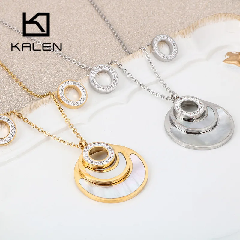 KALEN Women Double Layer Shell Jewelry Sets Stainless Steel Zircon Necklaces Earrings Sets For Women Wedding Engagement Jewelry - Image 5
