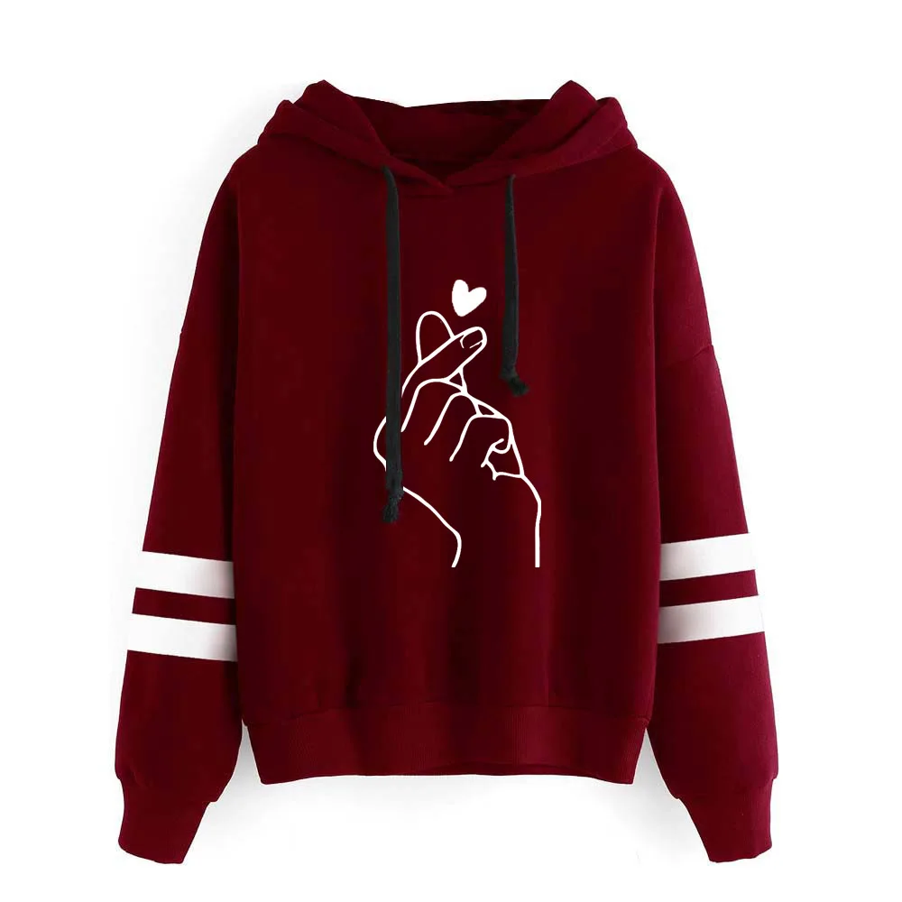 

New Kpop Sweet Cute Finger Heart Love You Hip Hop Sweatshirt The Autumn long sleeve Wine red hoody hoodies Outerwears with Hat
