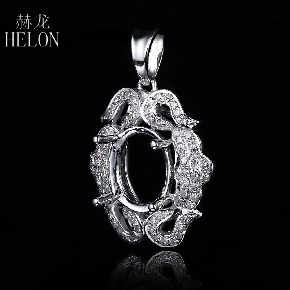 

HELON 7x9mm Oval Cut Solid 10k White Gold Semi Mount Pave Fine Diamonds Pendant Fantastic Women's Jewelry Pendant Setting