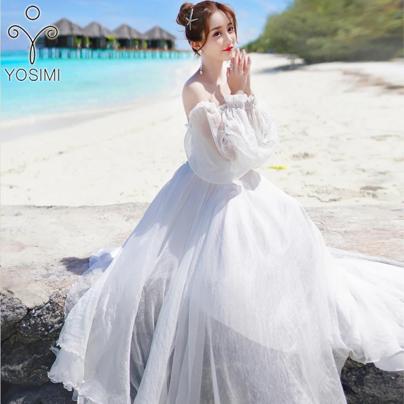 

Summer Dress 2019 Long Dress for Women Voile White Dress Tunic Strapless Evening Party Cake Female Vestido Long Sleeve Chiffon