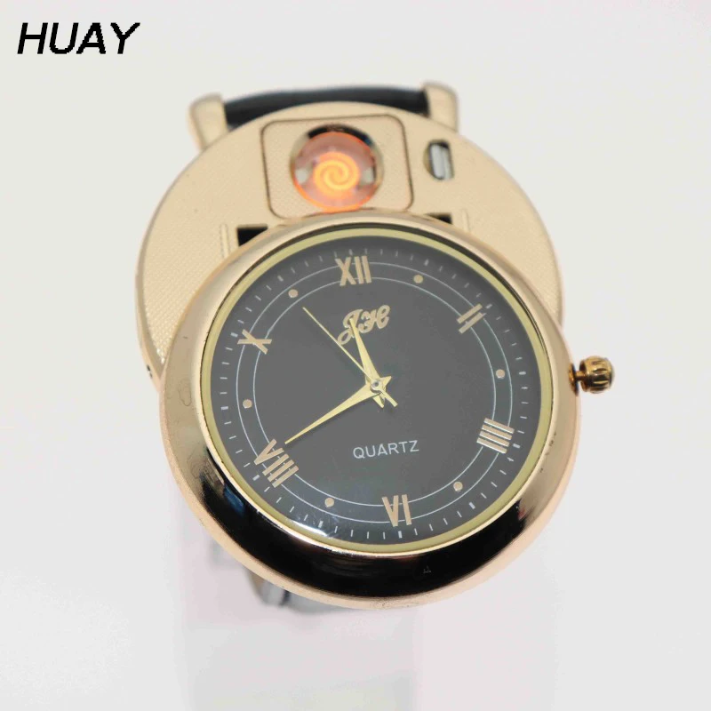 

2018 Quartz watch Men USB charging leather Lighter Watches can be replace heating wire clock Flameless Cigarette Lighter JH358