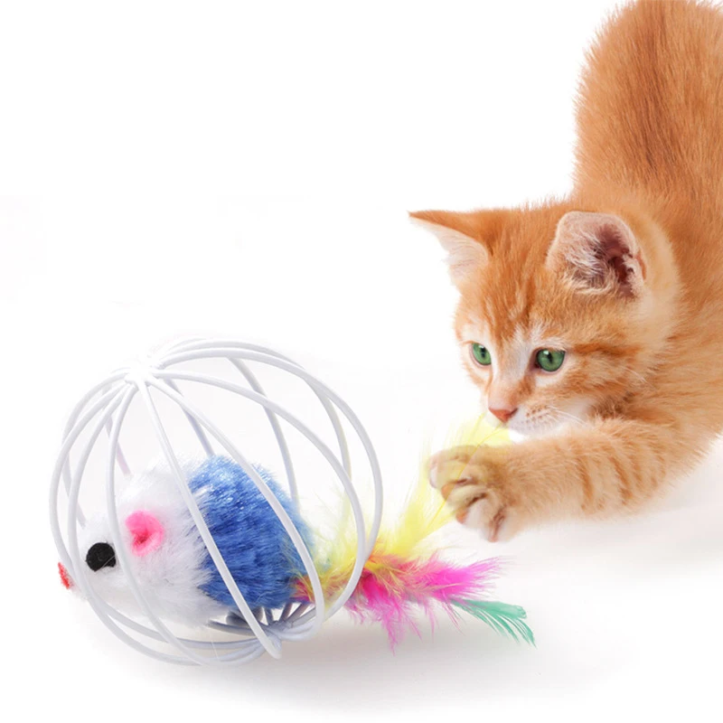 

2019 Feather Mouse in Hollow Ball Cat Toys for Cats Kitten Plush Rat in Cage Scratching Playing Funny Mice Pet Accessories