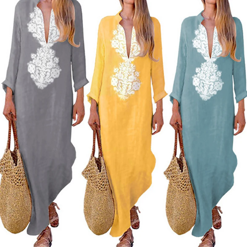 

Summer Boho dress Long Maxi Dress Long Sleeve V-neck Women Dress Clothes Loose Ladies Party Summer Casual Beach Sundress