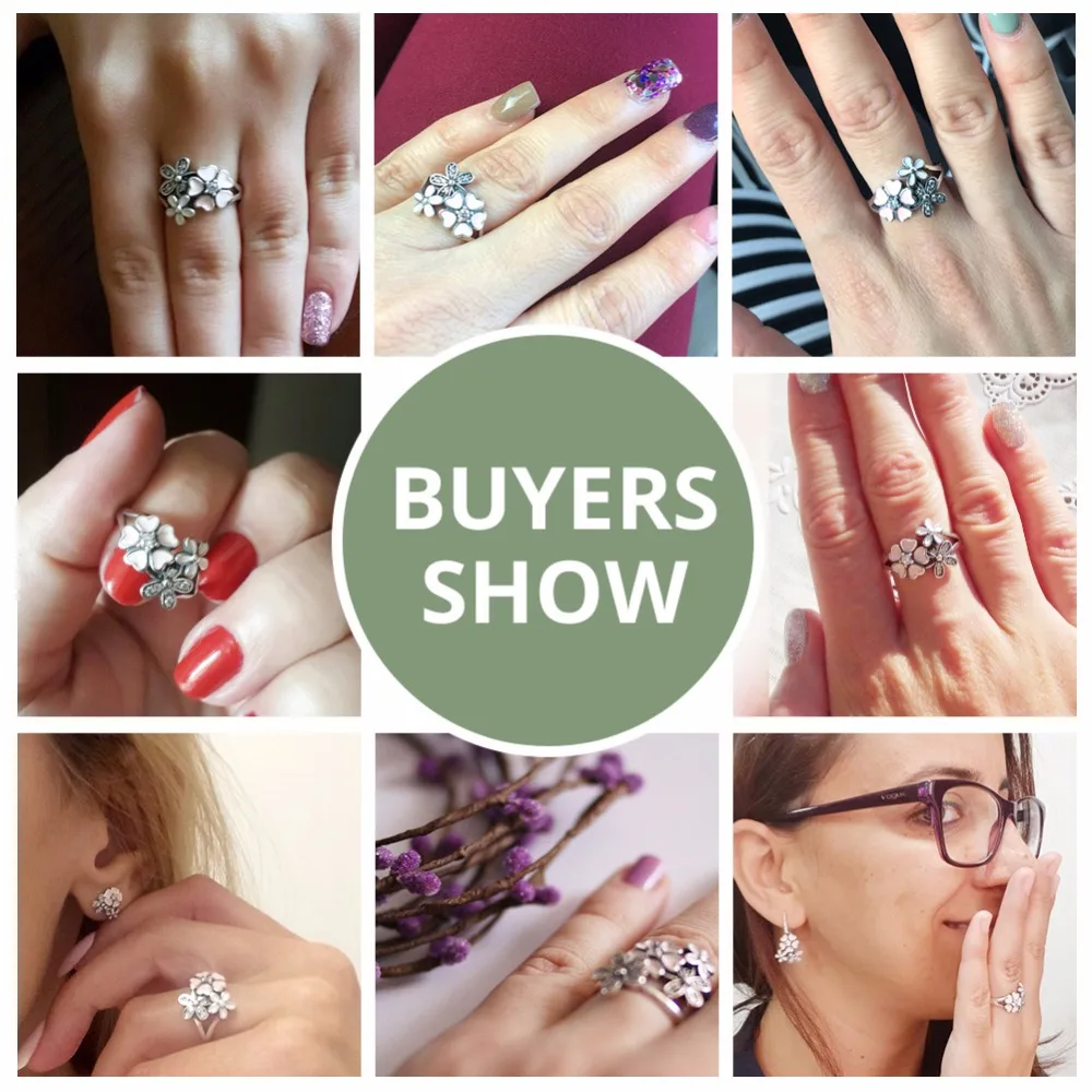 BAMOER Fashion 925 Sterling Silver Pink Flower Poetic Daisy Cherry Blossom Finger Ring for Women #6 7 8 9 Size Jewelry SCR004 silver ring silver rings