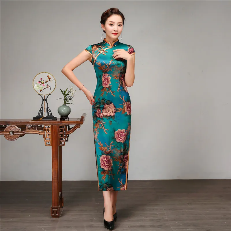 2019 новый 100% шелк Длинные Cheongsam китайский стиль печати чеонгсам с цветочным узором элегантный для женщин летние тонкие Vestidos Винтаж платье с