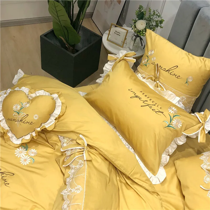 Little Daisy embroidery Bedding Sets girls Beddingset egyptian cotton Bed Linen Duvet Cover Bed Sheet Pillowcase/bed Sets 4/7pcs