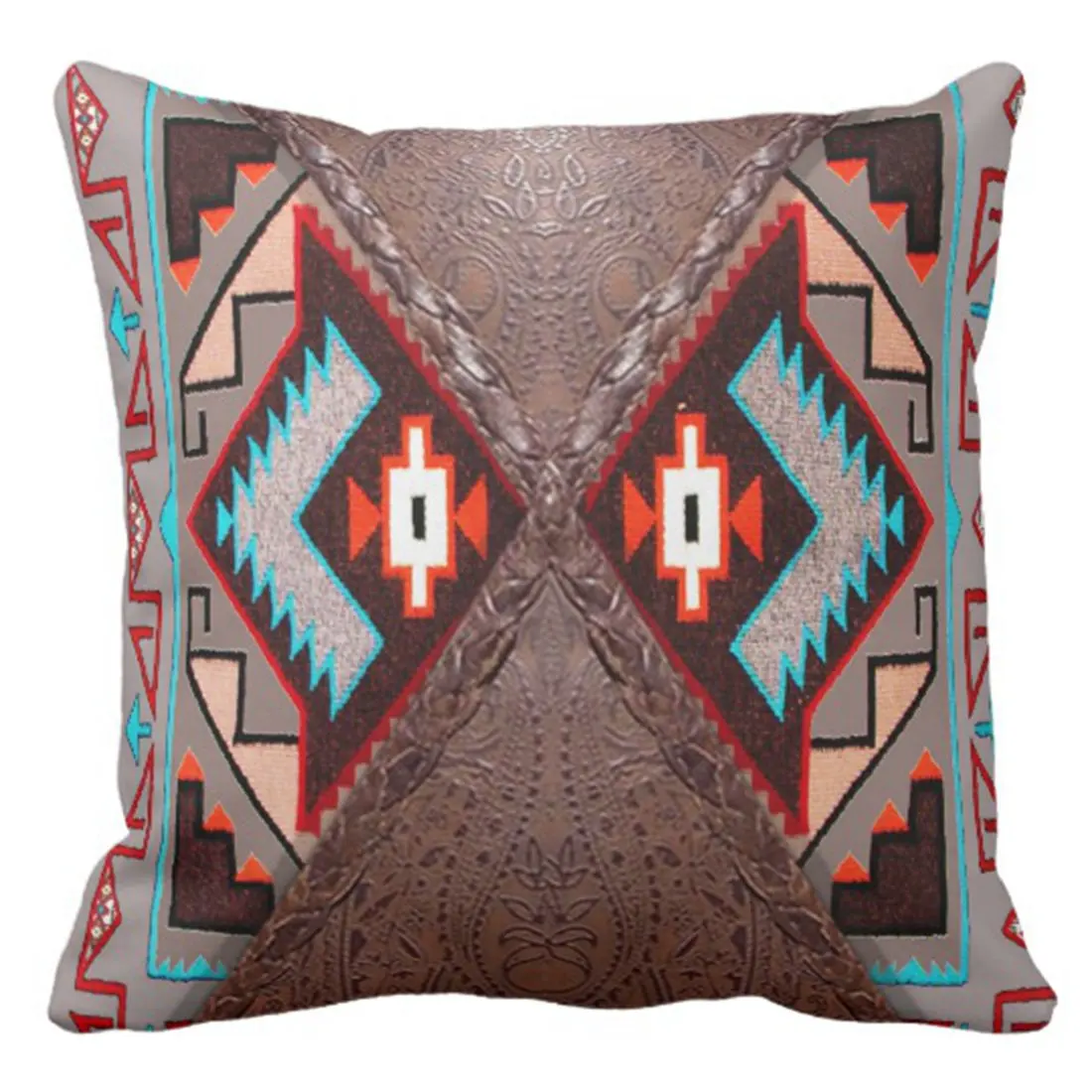 

Throw Pillow Cover 439 Western Tribal Navajo Brown Leather Print ative Pillow Case Geometric Home Square