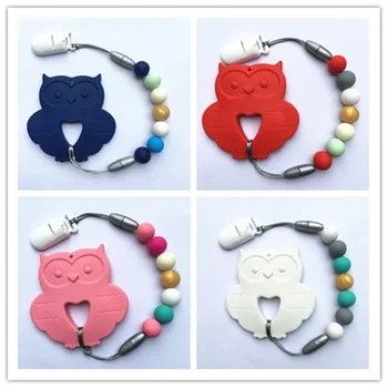 

New bpa Silicone baby Teething pendant clips silicone Teething Pacifier Clip with large owl pendant chew beads wholesale