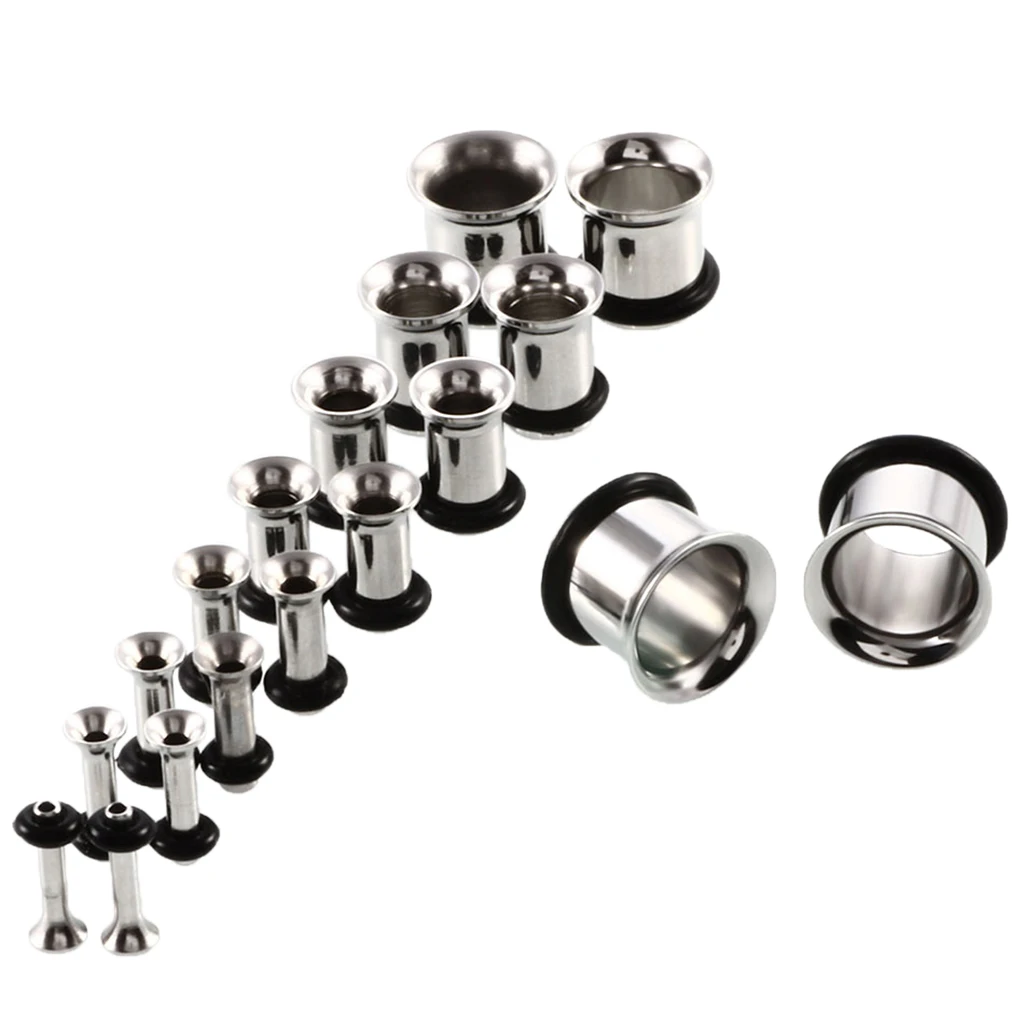 MagiDeal 18pcs/Pack 14G-00G Kit Assorted Stainless Steel Ear Plug Stretching Kit Single Flared with Rubber O-ring