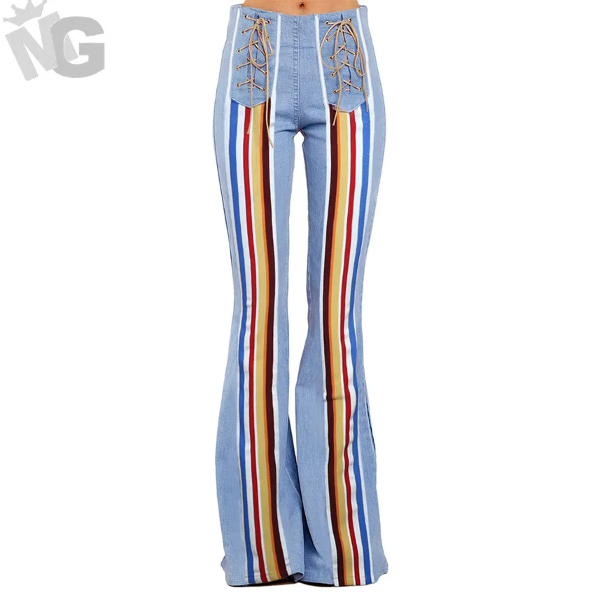 

High Waist Flared Jeans Pant Female Summer Loose Straight Rainbow Strip Stitching Jeans Woman Wide Wide Leg Full Length Pants