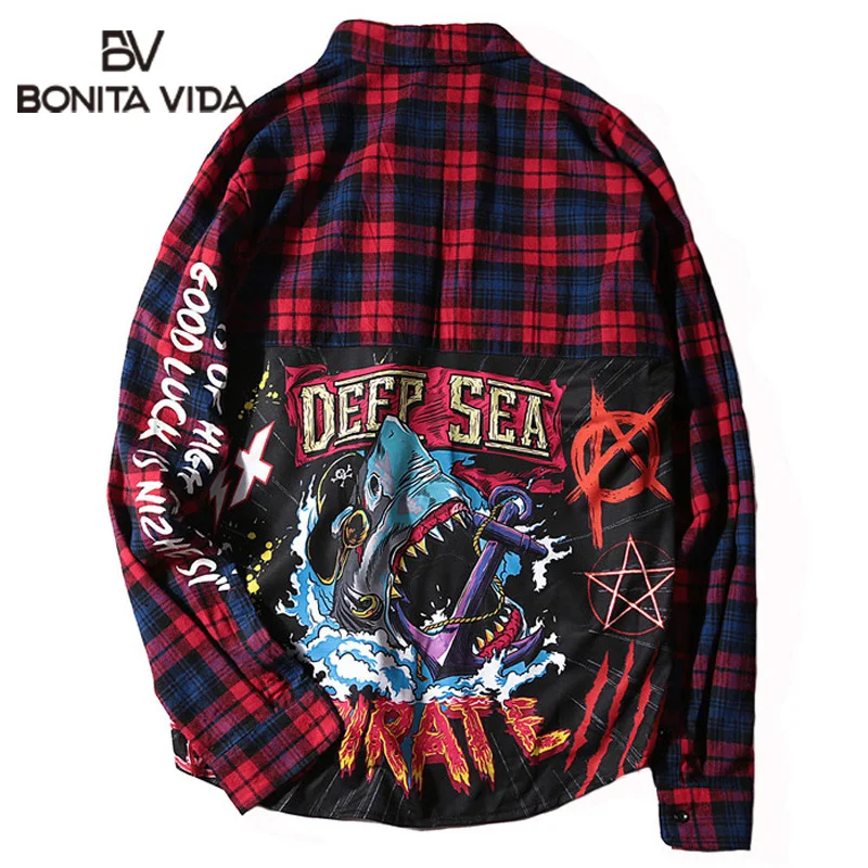 

Bonita Vida Flannel Hip Hop Shark Printed Long Sleeve Plaid Shirt Men 2019 Streetwear Casual Cotton Extended Male Shirts