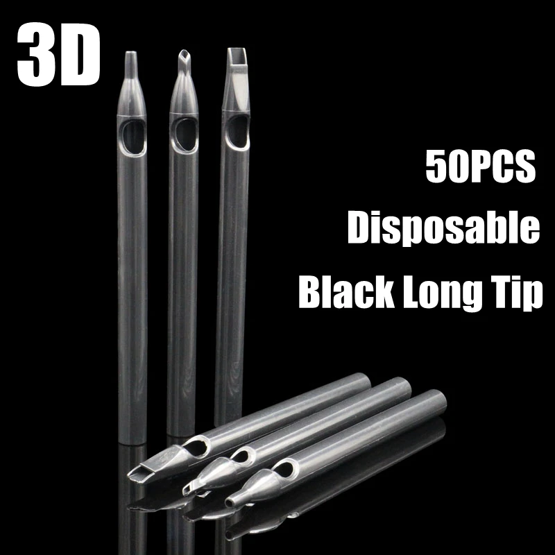 50PCS Black Tattoo Long Tips 3DT Disposable Plastic Long Tattoo Tips