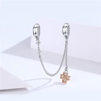 

fit Pandora Bracelet Silver 925 Original DIY White CZ Clover Safety Chain S925 Rose Gold Heart Flower Blossom Charms Beads