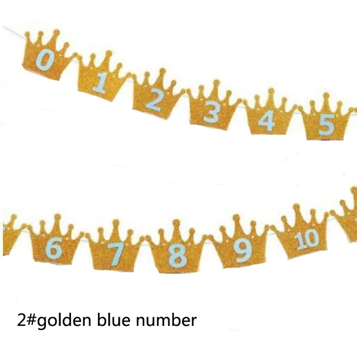 2 golden blue number Праздничные поставки Золотой/сливери Корона вечерние флаги 1'st первый день рождения Вымпел гирлянда с колокольчиками баннер из ткани для флагов для DIY блага - Цвет: 2 golden blue number