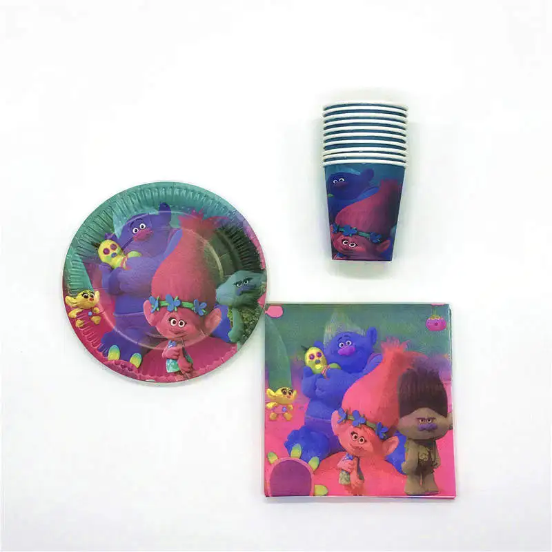 

Party Set Trolls 60Pcs/Set Cartoon Tableware Paper Plate+Napkins For Kid Birthday Party Family Party Wedding Cup Supplies