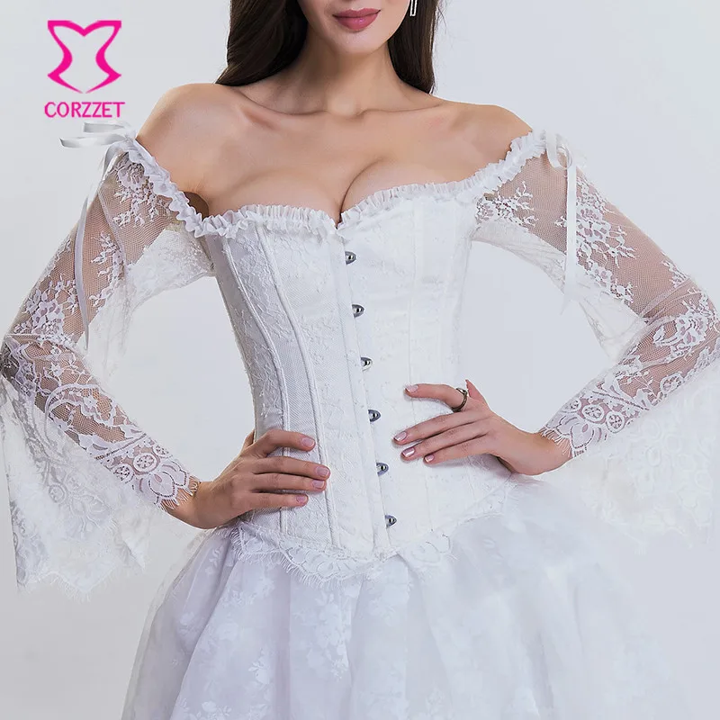 

White Jacquard Ruffle Off Shoulder Transparent Floral Lace Flare Sleeve Bridal Corsret Gothic Steampunk Corsets And Bustiers