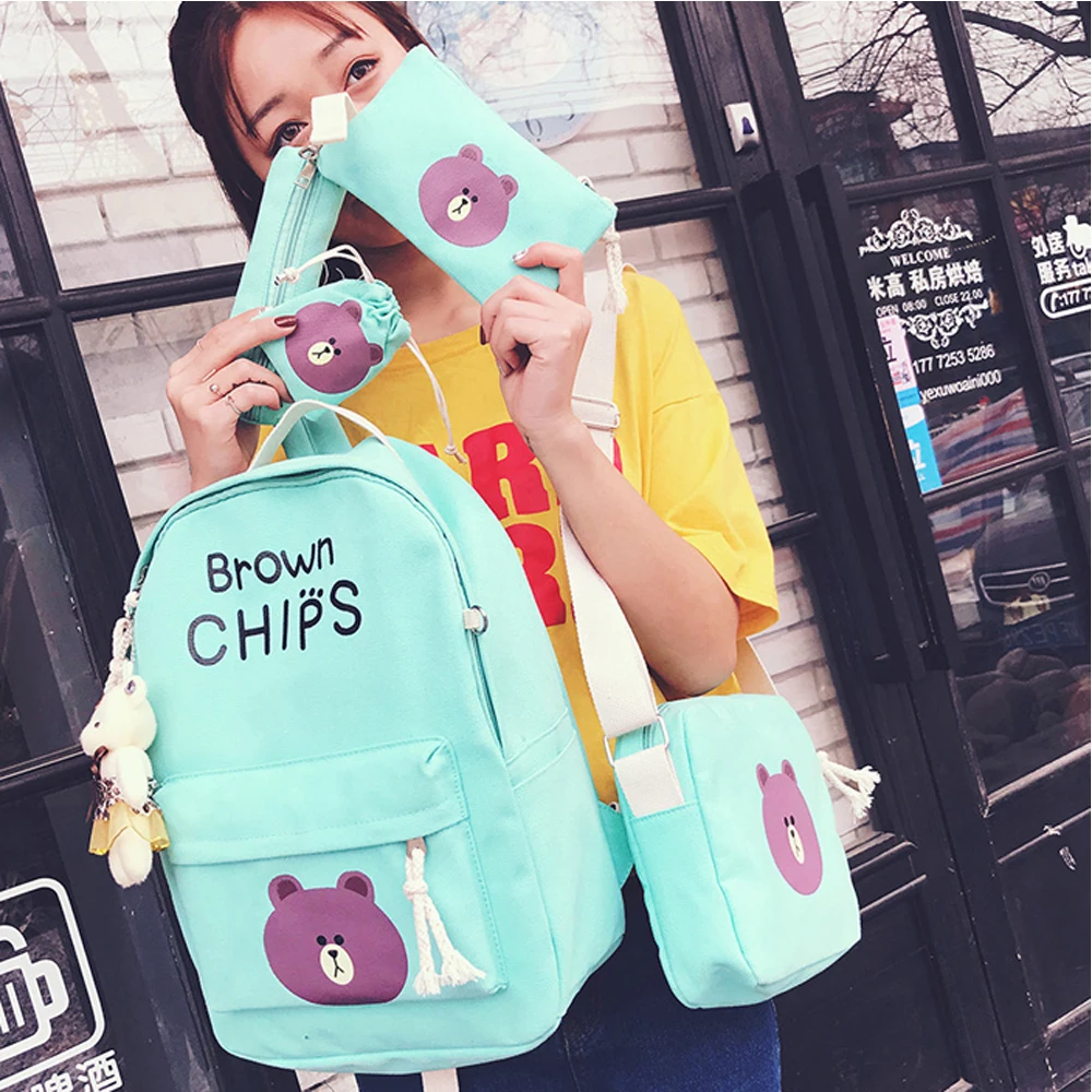 Women Canvas Kawaii Anime Cartoon Printing Brown Bear Five pieces Backpack Middle And Primary School Girl