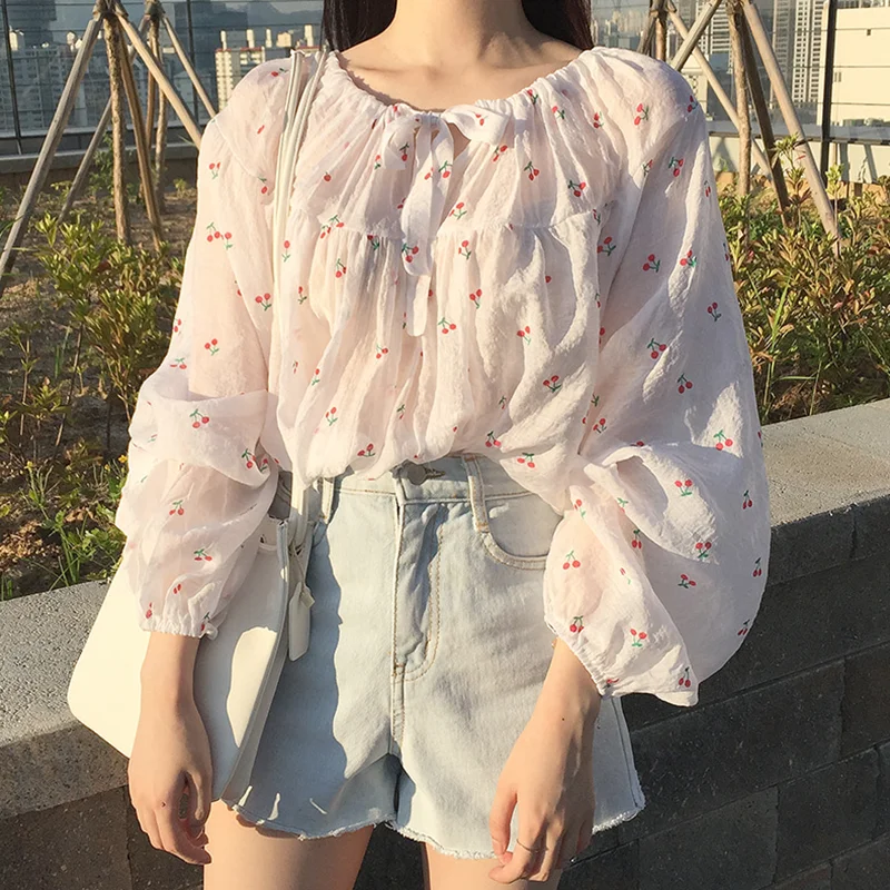 

Cherry Print Cute Loose Top Women Shirt Puff Sleeve Blouse Spring Summer Thin Chemise Femme Chemisier Blusa Mujer Camisa Kawaii
