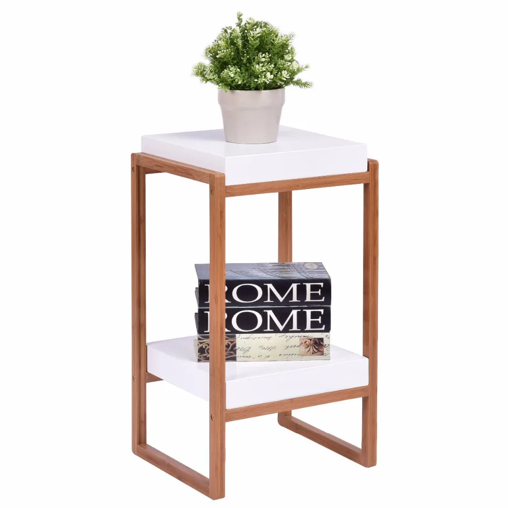 Goplus الجانب نهاية الجدول اللكنة القهوة الجدول الخيزران الخشب تخزين حامل الحديثة المنزل عرض الرف الأبيض منضدة HW55477