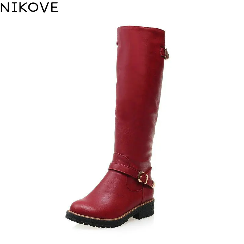Tanie NIKOVE 2018 cały mecz med heel czarny szary czerwony panie buty zimowe buty okrągłe Toe moda kobiety kolana wysokie PU skórzane buty