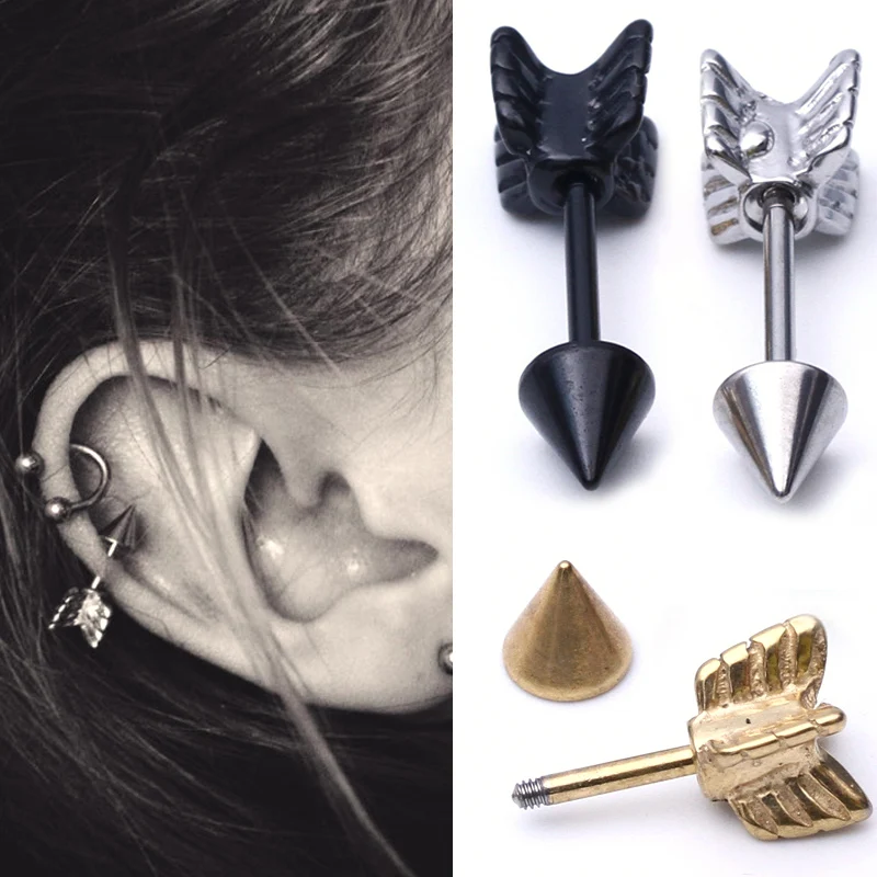 1pcs Gold Silver Surgical Stainless Steel Stud Earring Arrow Shape Ear Tragus Piercing Fake Taper For Men Women body jewelry