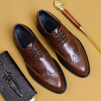 

2019 Classic Design Genuine Leather Formal Wingtip Brogues Shoes Round Toe Derby Men's Office Business Oxfords For Male AS156
